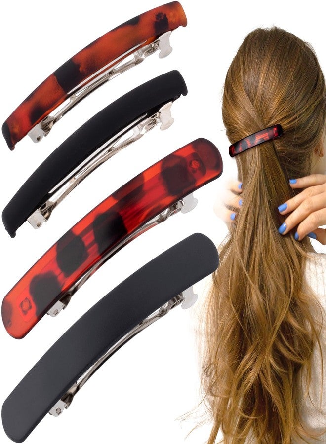 STSTR 4PCS French Barrette Hair Clips for Women, 2 Styles Small Tortoise Shell Hair Clip, Curved Frosted Thin Hair Flat Hair Accessories for Women (Black, Reddish Brown) - Image 1